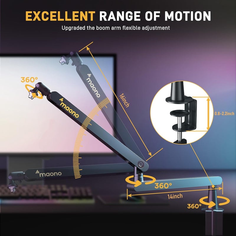 Maono Microphone Boom Arm, Low Profile Mic Arm with Cable Management Channels, Desk Mount Clamp, Fully Adjustable, Heavy Duty Mic Stand for Podcast Studio Streaming (BA92 Black) - Image 4